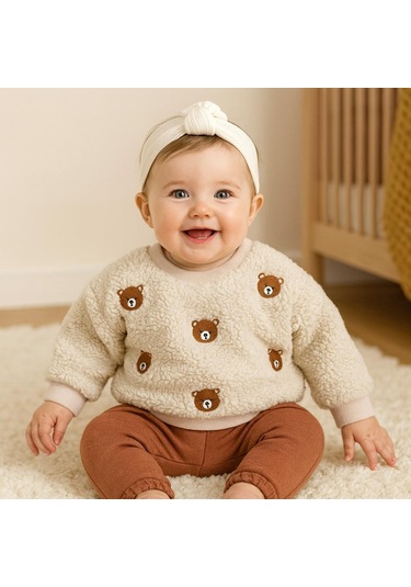 Bear Kafalar Nakışlı Omuzdan Çıtçıtlı Pantolonda Cep Detaylı Welsoft 2 Parça Takım Koyu Kahverengi