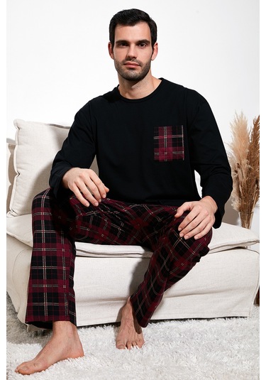 Buratti Ekoseli Cepli Beli Lastikli % 100 Pamuk Regular Fit Erkek Pijama Takımı 6572001 Siyah-Bordo