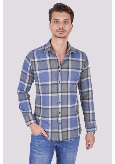 Mavi Gri Kareli Slimfit Oduncu Erkek Gömlek Mavi