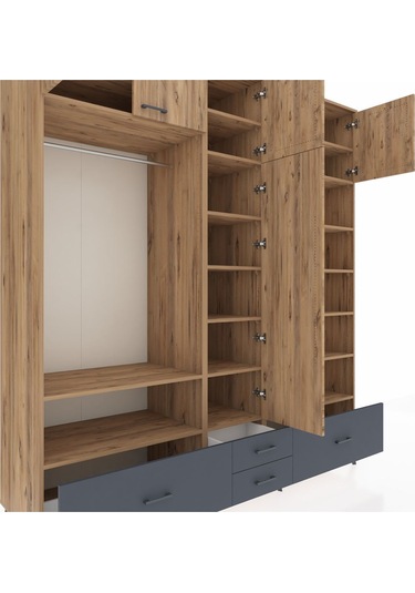 Kronos Dolap 18 Raflı 4 Çekmeceli Tek Askılı 220x59x243 Çam-çam/antrasit Atlas Çam/antrasıt