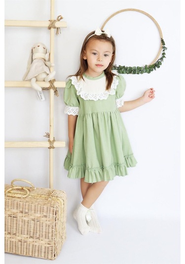 Kız Bebek Ruby Yeşil Fırfırlı Dantel Detaylı Kısa Kollu Elbise Bandana Takım Elb-0070.7 Yeşil