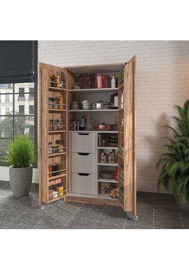 90 Derece Açılabilir 2 Kapaklı, 3 Çekmeceli, Kavanoz Raflı Kiler Ve Erzak Mutfak Dolabı Atlantik Çam