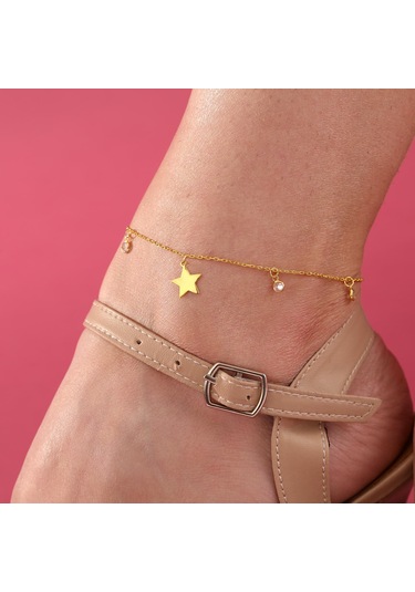 Queen Silver Jewelry 925 Ayar Gümüş Yıldız Objeli Zirkon Taş Sallantılı Halhal Altın