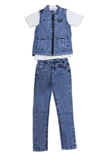 Erkek Çocuk Fermuar Kapama Kot Yelek Tişört Pantolon Üçlü Takım