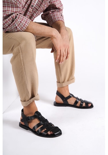 Sur Sandalet El Yapım Kösele Erkek Bodrum Sandalet Siyah