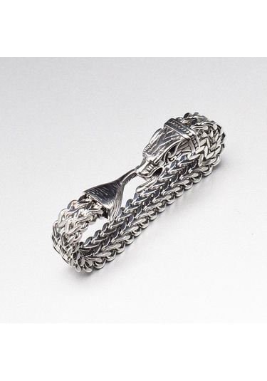 Novahub İskandinav Viking Kurt Kafası Paslanmaz Çelik Erkek Bileklik Hip Hop Kişiselleştirilmiş Çift Sıralı Bilezik 19cm Gümüş Gümüş