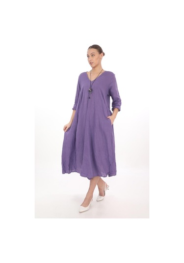 İtalyan V Yaka Uzun Kol Keten Elbise-8907 Mor