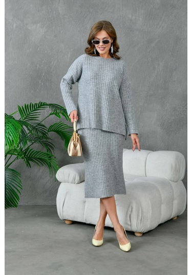 Kadın Bisiklet Yaka Uzun Kazak Etek İkili Triko Takım Gri