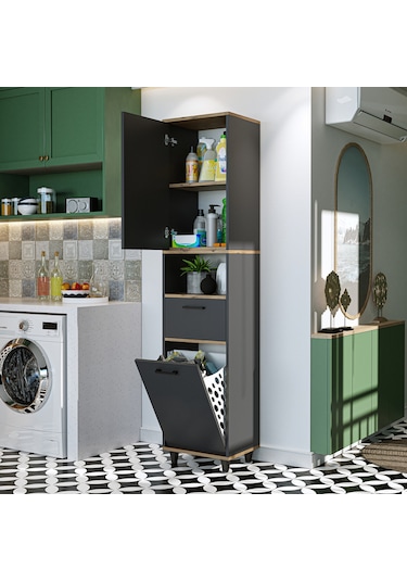 Çamaşır Sepetli Banyo Dolabı, Çok Amaçlı Dolap 45 X 200 Atlantik - Antrasit Çamaşır Sepetli Banyo Dolabı, Çok Amaçlı Dolap 45 X 200 Atlantik - Antrasit