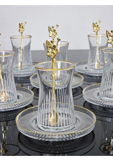 Çeyizci Çarşı Çay Seti Elysia Tabaklı 18 Parça Gold Yaldızlı Japon Gülü Çay Kaşıklı Çok Renkli