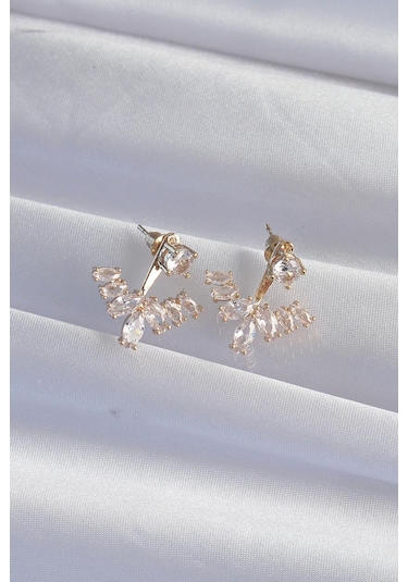 Pirinç Gold Renk Zirkon Taşlı V Model Küpe