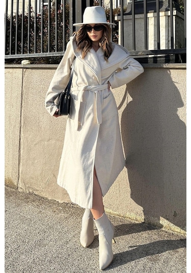 Kadın Ekru Kruvaze Yaka, Kapüşonlu, Çift Cepli, Beli Kemerli, Uzun Kaşe Kaban Astarsız Ekru