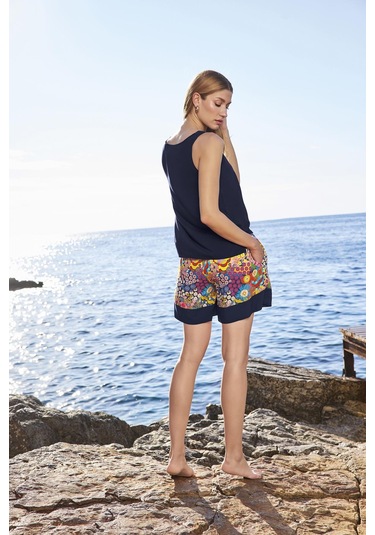 Monamise Kadın Çiçek Desenli Askılı 3'lü Alt Üst Takım 25056 Lacivert