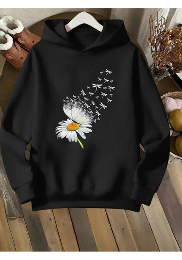 Kışlık Kapüşonlu Sweatshirt, Çocuk Papatya Kelebek Baskılı SiYAH