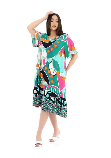 Schık Kadın Viskon Yarım Kol O Yaka Cepli Fırfırlı Elbise Yeşil Yeşil