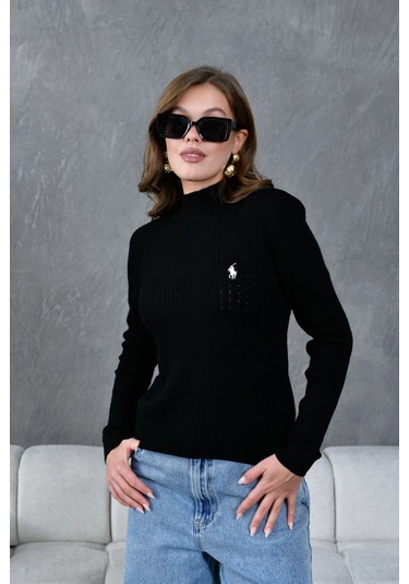Kadın Dik Yaka Saç Örgü Nakış Detaylı Triko Kazak Siyah