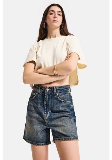 Itsbasic Kadın Koyu Tint Diana 2s6 Mom Fit Midi Boy Denim Şort K.tint