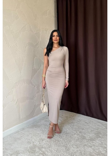 Bej Büzgü Detaylı Tek Omuz Elbise Bej