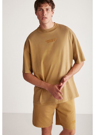 GRIMELANGE Jeffrey Erkek 2 Li Set Oversize Soluk Efektli Nakışlı Haki Alt-üst Takım Haki