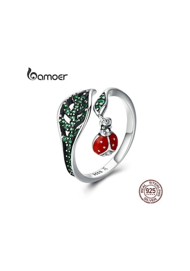 Bamoer 925 Ayar Gümüş Dinlenme Uğur Böceği Ağaç Yapraklarında Dangle Parmak Yüzük Gümüş