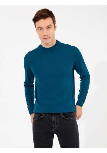 Cacharel Petrol Slim Fit Çeyrek Balıkçı Yaka Basic Triko Kazak