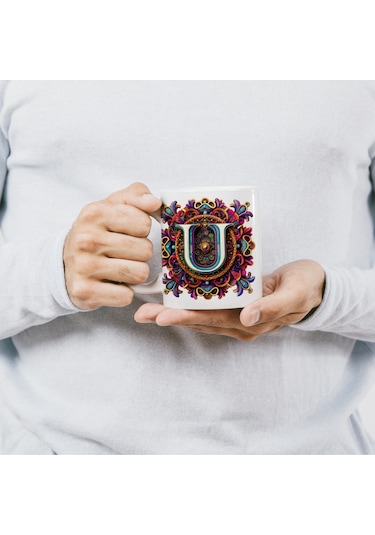 U Harfi Boho Bardak, Renkli Özel Tasarım Hediyelik Harfli Kupa, 330ml Porselen Beyaz