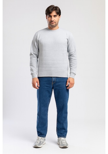 Vatan Tekstil İçi Polarlı Hafif Dar Kalıp Bisiklet Yaka Erkek Basic Sweatshirt Gri