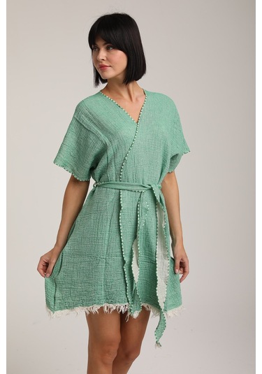 Life For Moda Kadın Kuşaklı Müslin Pareo Kimono P 80 Yeşil