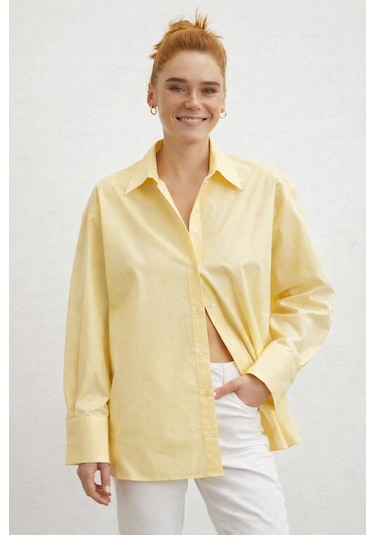 Modeva Global Minimalist Kesim Modern Duruşlu Düz Oversize Butter Sarısı Kadın Gömlek Butter Sarı