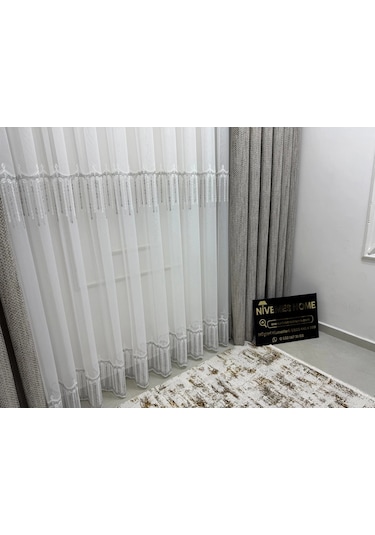Nivemeshome 2571 V -105 Reina Gümüş 1/2,5 Pileli Bambu Tül Perde Gümüş