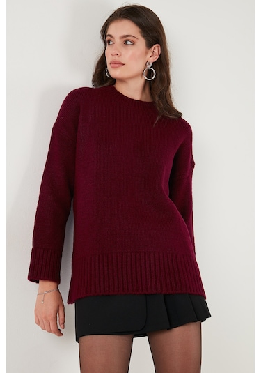 Lela Regular Fit Bisiklet Yaka Basic Triko Bayan Kazak 4616213 Bordo