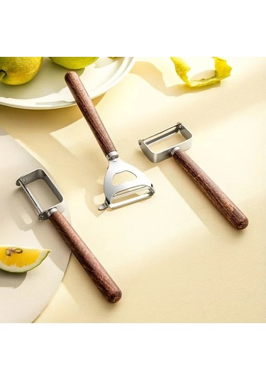 Techbloom 3 Parça Paslanmaz Çelik Soyacak Seti Akasya Ahşap Saplı Meyve Sebze Patates İçin 001 Siyah