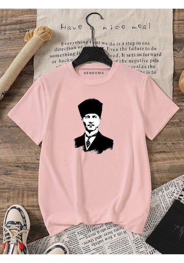 Atatürk Baskılı Oversize Unisex Tişört Pembe