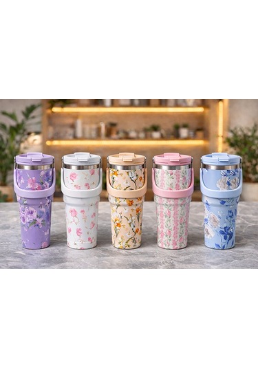 Çiçek Desenli 900 Ml Taşıma Kulplu Paslanmaz Çelik Termos Mug Bar Diğer