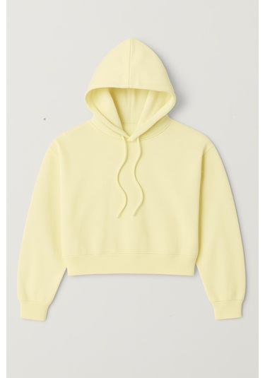 Üç İplik Kapüşonlu Crop Sweat Sarı