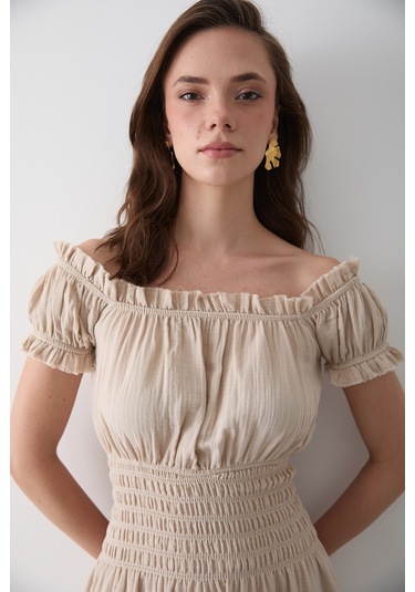 Natural Büzgülü Elbise - 2002 Bej