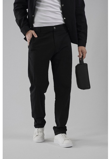 Regular Kalıp Pamuklu Keten Klasik Pantolon Siyah