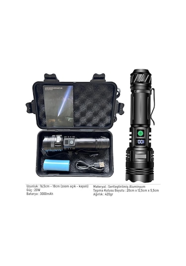 Valkyrie Profesyonel Şarjlı Led El Feneri Güçlü Avcı Feneri, Uzun Pil Ömrü, Dayanıklı Tasarımavcı Feneri Siyah