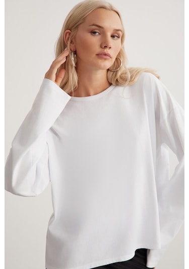 Basıl Kadın %100 Pamuk Bisiklet Yaka Oversize Fit Uzun Kollu Beyaz T-shirt