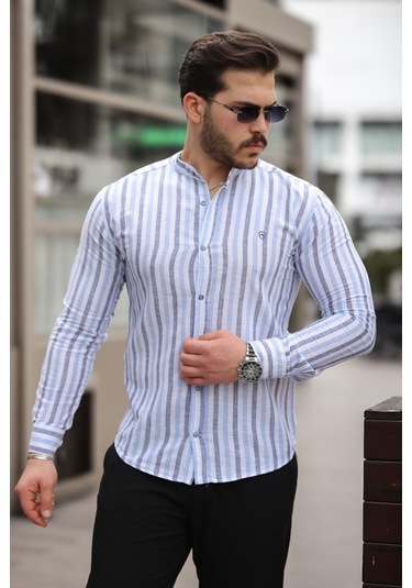 Erkek Çizgili Hakim Yaka Gömlek Beyaz