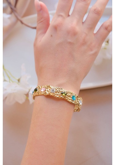 Gold Vintage Renkli Zirkon Taşlı Çelik Kelepçe Bileklik Gold