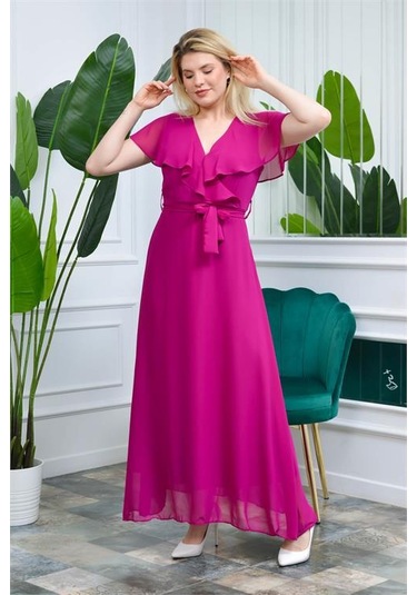 Neşeli Butik Kadın Mürdüm Kruvaze Yaka Bağlama Detaylı Uzun Şifon Elbise Nb0001 Mürdüm