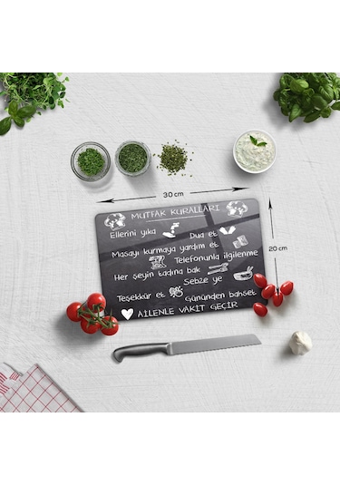 Mutfak Kuralları - Kara Tahta Görünümlü Cam Kesme Tahtası - Cam
