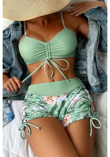 Angelsin Büzgü Ayarlı Baskılı Bikini Takımı Yeşil