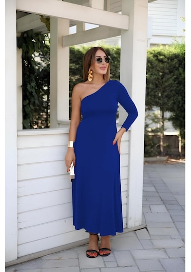 Tua Moda Kadın Uzun Kollu Tek Omuz Detay Krep Elbise Saks Mavi