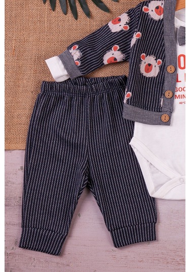 Papyonlu Bear Çizgili Model Ceketli 3'lü Erkek Bebek Takımı Siyah