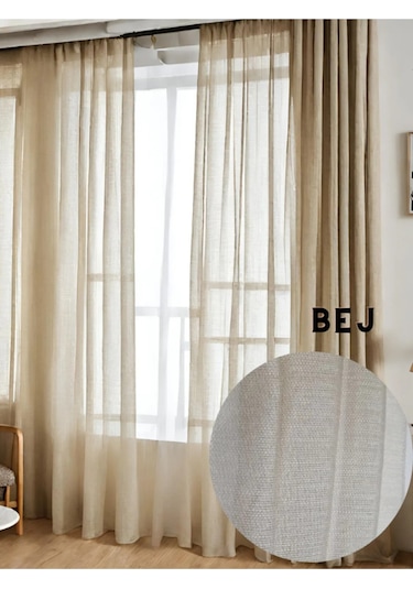 Keten Tül Çuval Desen Görünümlü 1/3 Sık Boru Pileli Bej