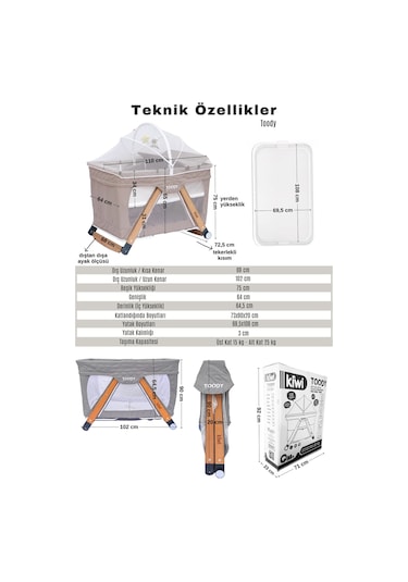 Kiwi Toody Park Beşik All In One Katlanır Tekerlekli Sallanır Sabitlenir Anne Yanı Oyun Parkı Beşik-vizon