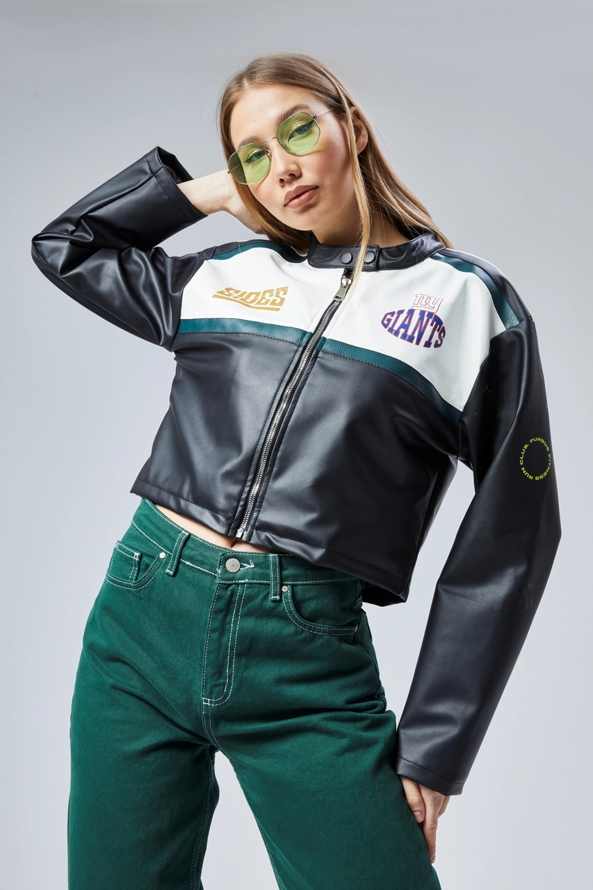 Kadın Oversize Baskılı Deri Şeritli Motorcu Montu Kısa Fermuarlı Yarışçı Ceketi Bomber Kolej Mont Yeşil