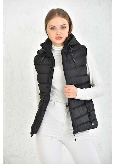 Wapp Unisex Çıkarılabilen Fermuarlı Kapüşonlu Günlük Şişme Yelek Siyah